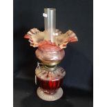 A Circular Based Cranberry Glass Oil Lamp With Cranberry Tinted Shade