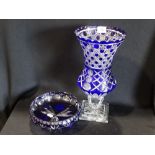 A Blue Cased Glass Square Based Flower Vase & Similar Circular Bowl