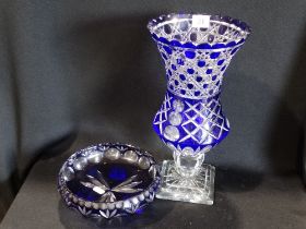 A Blue Cased Glass Square Based Flower Vase & Similar Circular Bowl