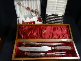 An Oak Cased Three Piece Antler Handled Carving Set Etc (3)