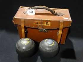 A Cased Pair Of Vintage Crown Green Bowls