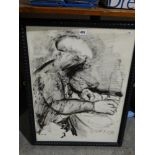 Will Roberts, Charcoal & Ink, Study Of A Man Sat At A Table, Signed & Dated 1995, 26" X 19"