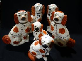 Three Pairs Of Late Staffordshire Pottery Red & White Seated Dogs