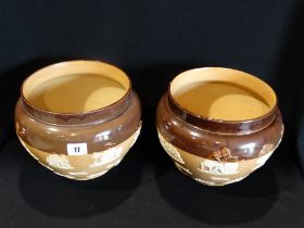 A Pair Of Doulton Lambeth Stoneware Jardiniere`s With Stag Hunt & Tavern Scenes (1 Af)