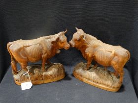 A Rare Pair Of Black Forest Carved Cow & Bull Figures On Naturalistic Bases, Probably By Johann