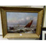 Victorian School, Oil On Canvas, Coastal Scene With Boats & Figures, Unsigned