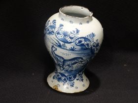 A Circular Based Delft Drug Jar With Painted Panel Of Grazing Deer, 7.5" High