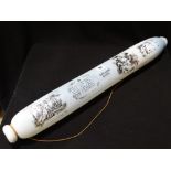 A Very Large Victorian Milk Glass Rolling Pin With Transfer Scenes, Titled "Love & Live Happy", 29"