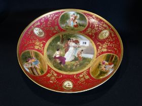 A Circular Vienna Porcelain Charger With Painted Panels Of Courting Couple Etc, Beehive Mark,