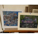 Karel Lek, Two Unframed Watercolour Abstract Scenes, Signed