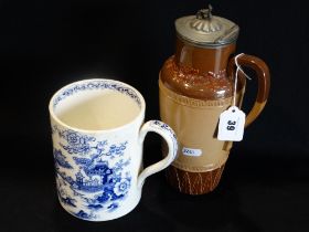 A Staffordshire Pottery Blue & White Transfer Decorated Tankard, Together With A Doulton Lambeth