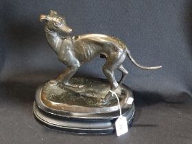 A Cast Bronze Model Of A Greyhound On A Wooden Base, 10" High