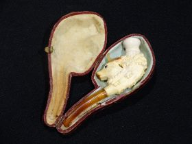 A Cased Antique Meerschaum Pipe In The Form Of A Mountain Goat