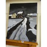 Owen Meilir, Oil On Canvas, Winter Nighttime View Of Figure On A Roadway, 24" X 18"