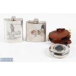 3x Golfing Hip Flasks one showing the Ryder Cup motif, another with leather case and tee holder, and