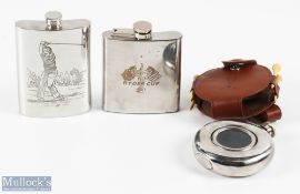 3x Golfing Hip Flasks one showing the Ryder Cup motif, another with leather case and tee holder, and