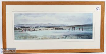 2 x Frank Wood Golf prints, titled Luffness and 1st hole Gulane, in matching frames under glass size