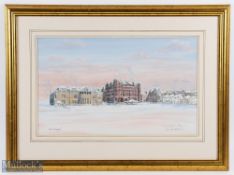 Bill Waugh "A Winters Day St Andrews" water colour on board snow covered Old Golf Course and The R&A
