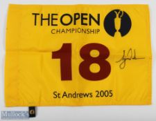 Tiger Woods (Winner) Signed 2005 Open Golf Championship 18th Pin Flag held at St Andrews, signed