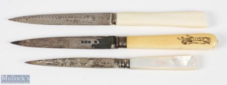Silver Hallmarked Golf Themed Letter openers, 3 silver blade openers, dates of 1896, 1909 and one