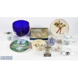 Golf China and Glass Collectables, a good selection to include an engraved blue glass bowl, PGA