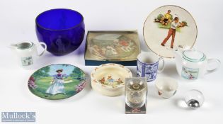 Golf China and Glass Collectables, a good selection to include an engraved blue glass bowl, PGA