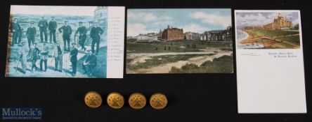 Collection of R&A golf club members brass blazer buttons and early coloured St Andrews golfing