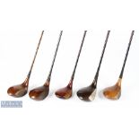 5x various James Braid Signature large headed early coated steel shafted persimmon woods - to incl