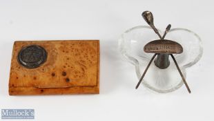 1923 Golf Lytham & St Annes Burr Walton Cigarette box, with a cut glass and silver ashtray GC 1913 -