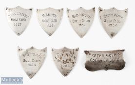 Collection of Devon Golf Clubs White Metal engraved shields and plaques from 1924 onwards (7) to
