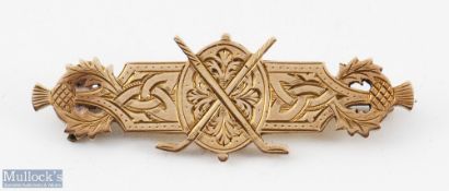 1900 Scottish Golf Club yellow metal winners bar brooch - decorated with crossed golf clubs,