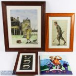 4x Modern Golf Pictures/Tile, to include a vintage golf drive tile, 3 reproduction golf club