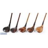 5x Assorted socket neck woods to incl' 2x drivers brassie and 2x spoons in need of restoration and