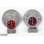 2x St Christopher's "The One Holer" motorcar emblem mascot - metal and enamel badge overall 3"