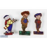 Original brass and enamel Penfold man (Miller), Bromford Man - with some wear (Fattorini), Dunlop