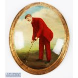 Style of Gabriele Mucchi Golf Artwork - oval plaque in heavy varnish finish depicting a period