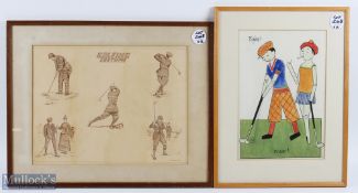 2x Interesting Golf Fashion Drawings - watercolour titled "Fore" dated and initialled on the reverse