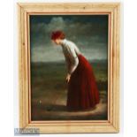 Oileograph Victorian lady Golfer after Munchi, on board, with some overpainting, frame size 38cm x