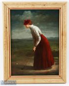 Oileograph Victorian lady Golfer after Munchi, on board, with some overpainting, frame size 38cm x
