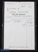 1913 Josh. Taylor, Acton Golf Club, Acton. W official invoice/statement dated April 1913 - note