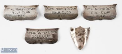 Collection of Royal North Devon Golf Club white metal engraved shield/plaques from 1929 onwards (