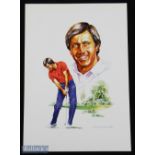 1986 Seve Ballesteros Signed Golf Poster by Graham Bundick, signed in blue pen, size #36cm x 51cm