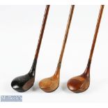 3x J H Taylor autographed woods a large stripe topped spoon, a large dark stained driver and a small