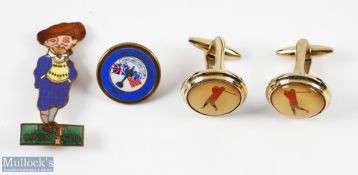 Pair of gold Plated Golfing Cufflinks together with Bromford Man enamel brooch by Fattorini