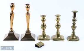 Period Brass & Copper Candle Sticks 2 pairs a single candle stick and a matchbox cover for