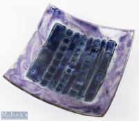 Julie Langan Glass Square Dish with abstract geometric design in blue and purple, width 21cm,