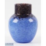 1930s Monart Studio Glass Vase in shape N in blue and black colour with copper aventurine