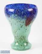Vintage Monart Style Studio Glass Vase with green and blue mottled colour design with copper