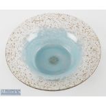 Monart Studio Glass light Blue and Copper Aventurine Bowl with Label in shape UB, 10.5" dia., with