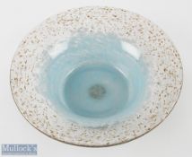 Monart Studio Glass light Blue and Copper Aventurine Bowl with Label in shape UB, 10.5" dia., with